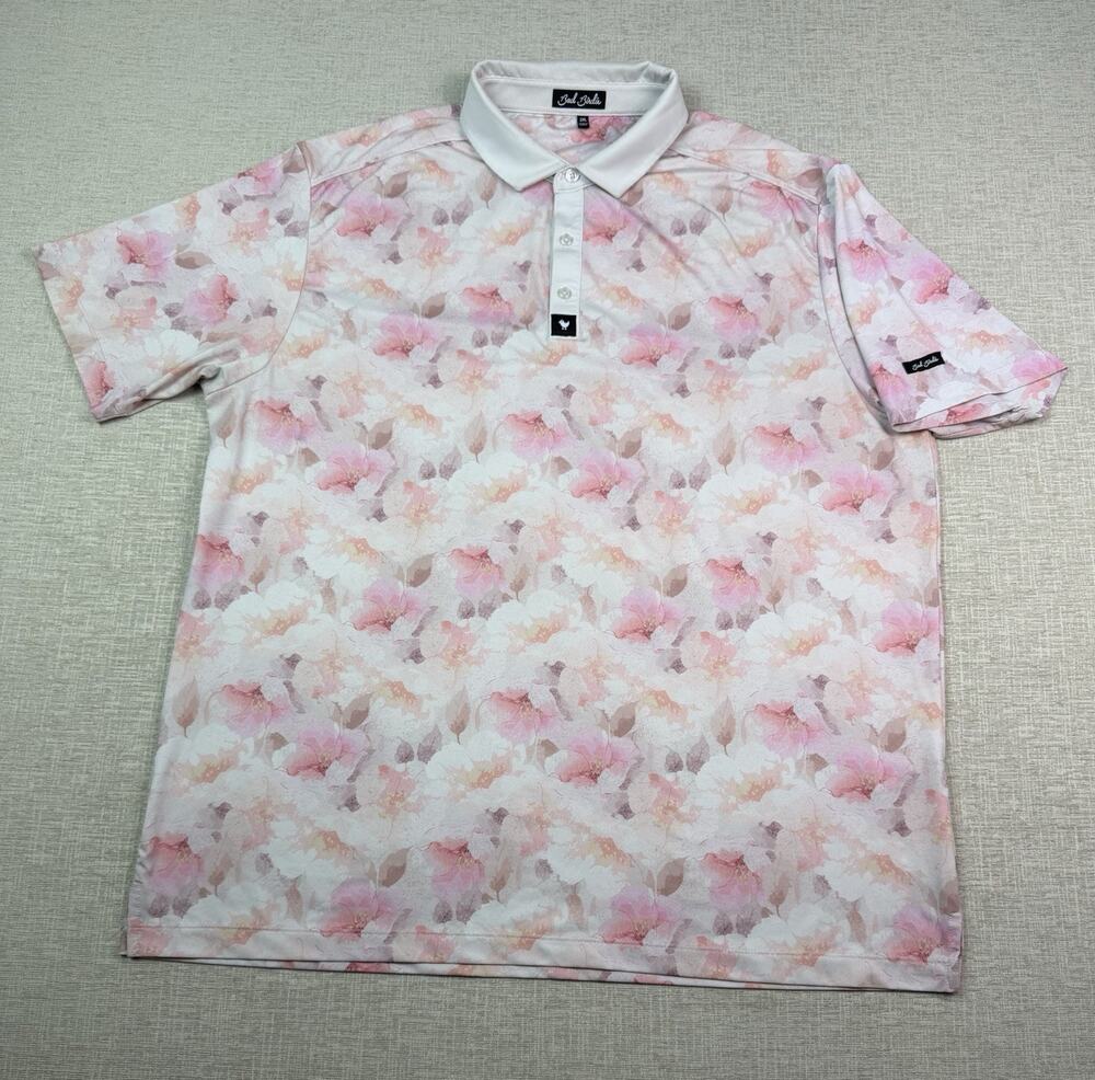 Bad Birdie Golf Polo Shirt Men’s 2XL Pink White Floral Stretch Short Sleeve